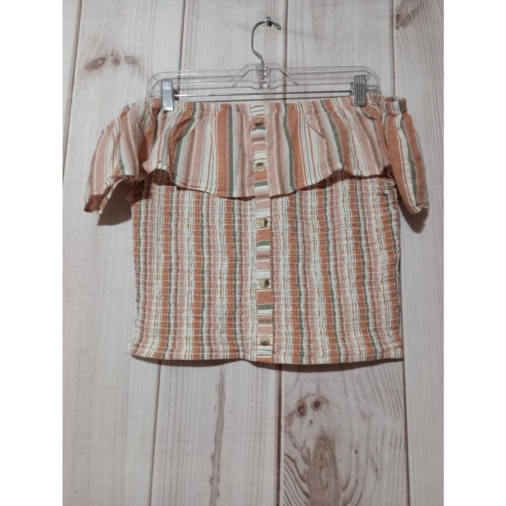 Dizzire Womens Large Striped Smocked Off Shoulder‎ Ruffle Crop Top Orange Green